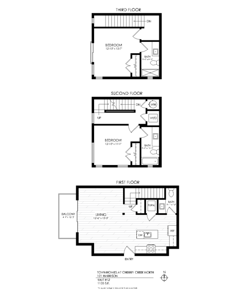 Floor plan for 2 beds, 2.5 baths, 1135 sqft